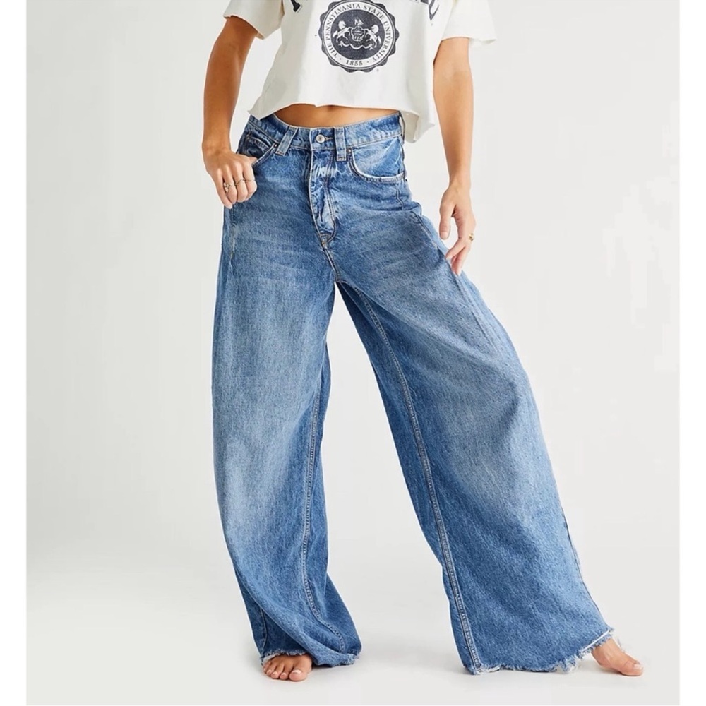 Free People Old West Slouchy Jeans Wide Leg Denim Mid Rise We The Free Blue 30